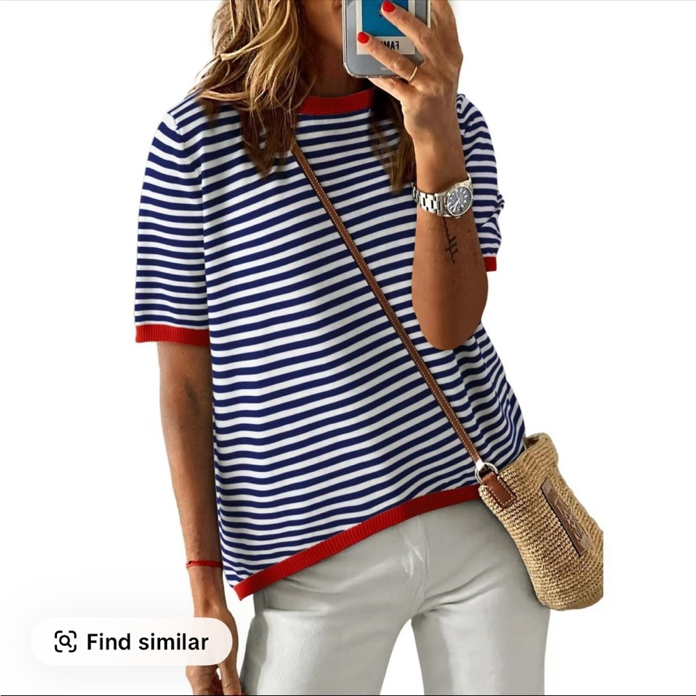 Nautical Striped Short Sleeve Top with Red Trim - Picture 2 of 9